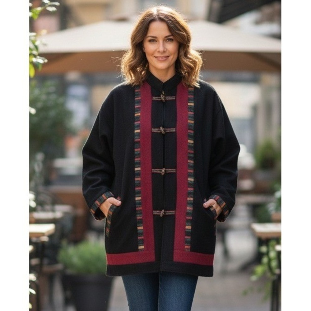 Rising Tide Cardigan Sweater Women's Size XL 100% Wool Black Toggle Ethnic Nepal